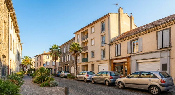 Photographie en perspective au niveau du sol montrant une rue typique d'Agde avec des bâtiments résidentiels ou commerciaux, représentatifs du tissu urbain local. L'image doit mettre en avant les habitations et immeubles où intervient une entreprise de plâtrerie et rénovation intérieure, avec une vue claire de la zone bâtie. Pas de texte, logo ou filigrane visible.