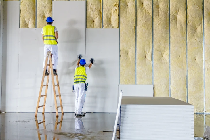Ouvrier en bâtiment appliquant un enduit sur mur intérieur avec truelle, portant casque orange et combinaison grise